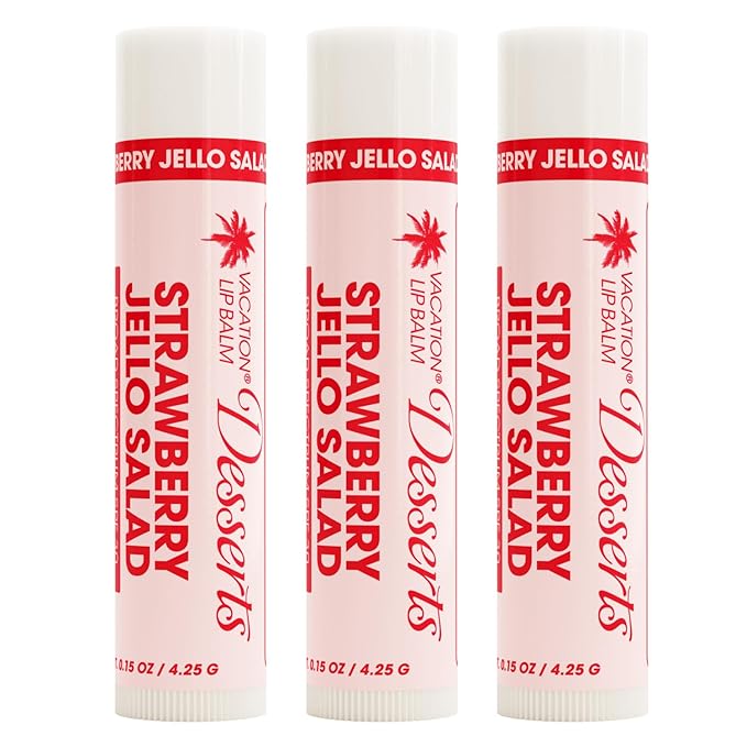 Vacation Strawberry Jello Salad SPF 30 Lip Balm, Hydrating Sunscreen for Lips, Water-Resistant, Lightweight, Transparent Sheen, Vegan Formula Made without Beeswax (Pack of 3)