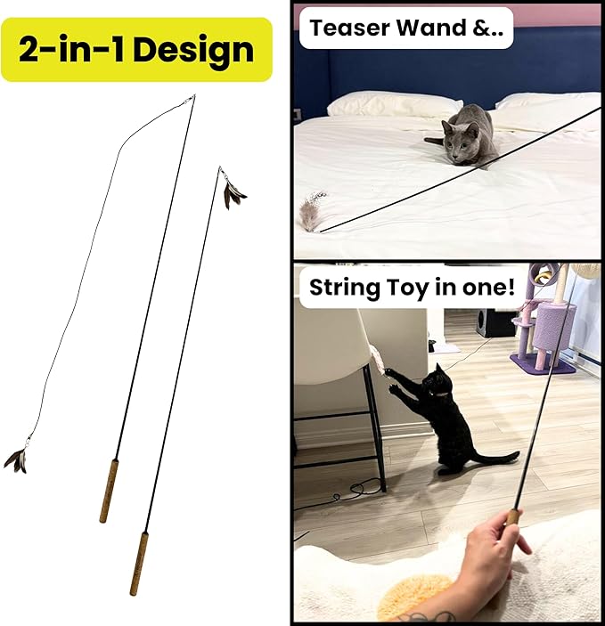 Forever Stick - The Unbreakable Cat Teaser Wand, Extra Long Durable Interactive Toy for Indoor Cats, Cat Fishing Pole Toy for Bored Indoor Adult Cats, Feather String Toy On Stick Enrichment