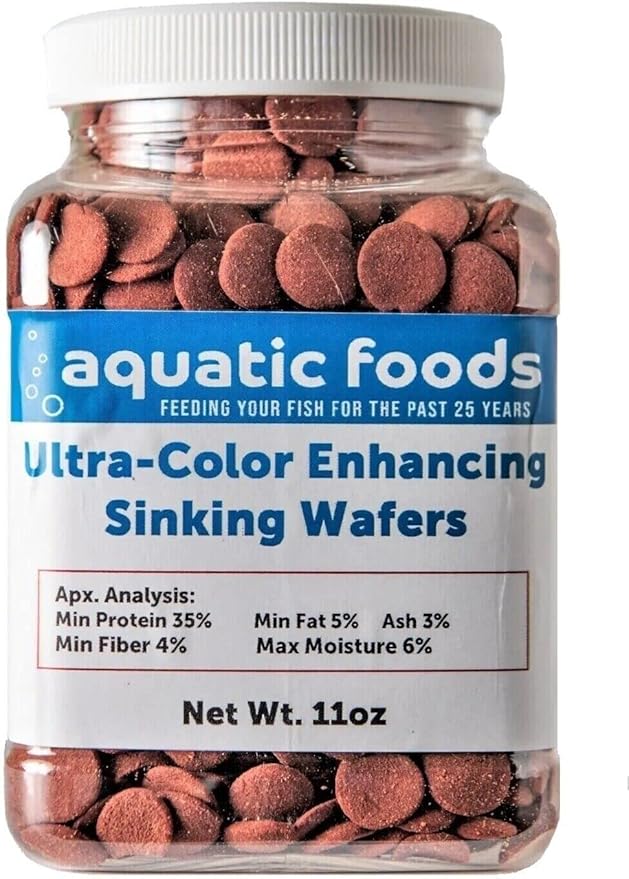 Aquatic Foods Inc. Ultra-Color Enhancing 12mm - 1/2" Small Sinking Wafers for Bottom Fish, Shrimp, Snails, Crabs, Crayfish, All Tropical Fish...11oz Small Jar