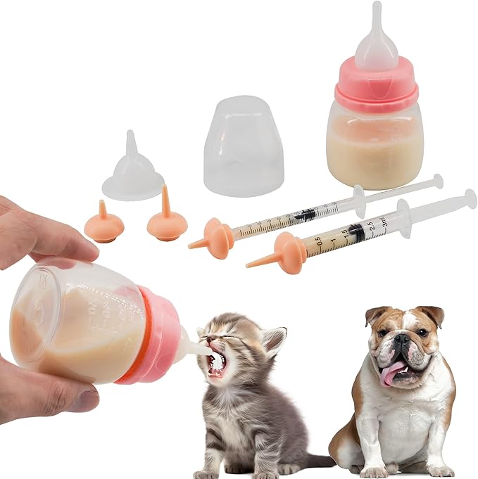 Pet Feeding Bottle and Syringe Set for Puppies and Kittens(1 Bottles,2 Syringes,6 Nipples) Pink