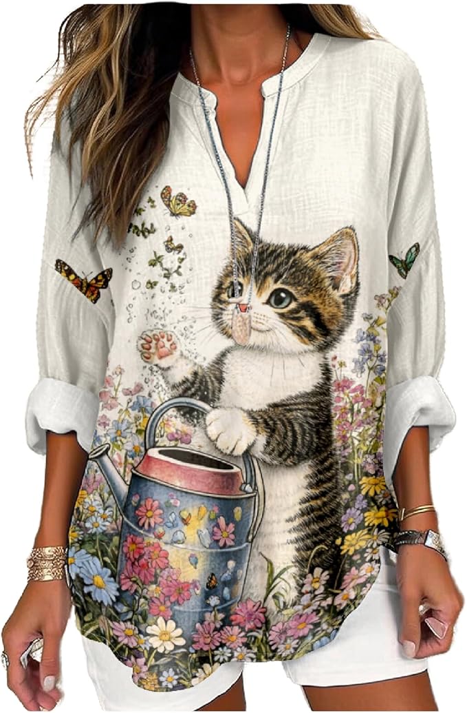 MARSVOVO Cat Shirts for Women Long Sleeve Cute Cat Pullover Graphic Novelty V Neck Blouse Oversized Funny Tunic Tops