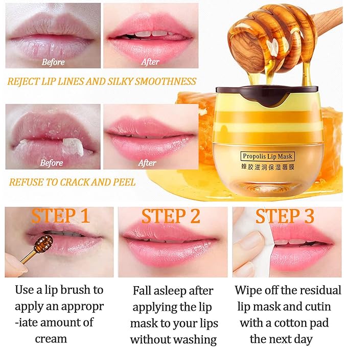 2 Pcs Bee Lip Balm Honey Pot, Honey Lip Mask Propolis Moisturizing Hydrating Prevention Dry and Cracked Lip Scrubs Exfoliator (2 Honey)
