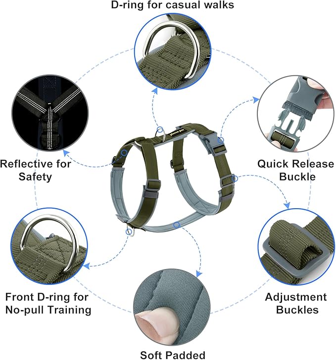 Plutus Pet No Pull Dog Harness, Adjustable Nylon Harness with Soft Padding, Reflective and Heavy Duty Dog Harness for Small, Medium, Large Dogs(Ranger Green, XS)