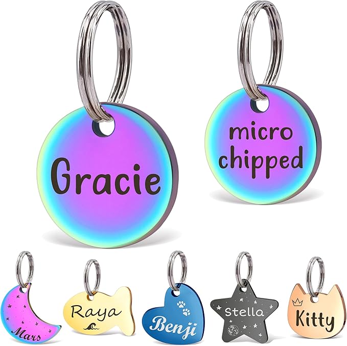 Anavia Small Size Dog Cat ID Tags, Small/XS Personalized Color Plated Stainless Steel Puppy Kitten Name Tags, Customized Engraved Nameplate Pet Collar Tag (Rainbow, XS-Round)