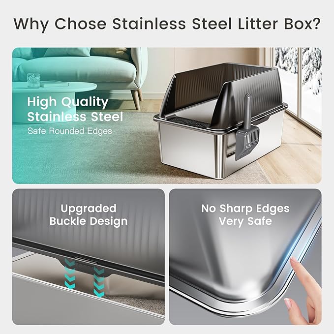 Tripamin 15” XL Stainless Steel Cat Litter Box Enclosure, XXL Stainless Steel High Sides with Lid, Extra Large Metal Cat Litter Box (Translucent Black, XX-Large)