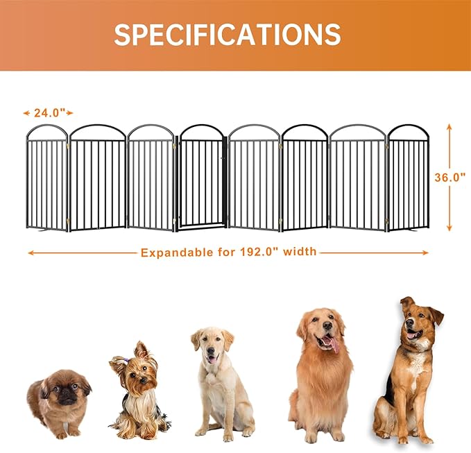 8 Panels Full Matel Freestanding Dog Gates with Door, 192"Extra Wide 36"Tall Free Standing Dog Pet Gate for Indoor & Outdoor. Foldable Pet Fences for Doorways, House, Stairs, Porch, Deck, Yard