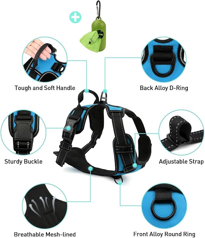 Joytale No Pull Dog Harness for Large Dogs, Reflective Pet Vest with Front Clip, Adjustable Soft Padded Harnesses with Easy Control Handle for Training and Walking, Sky Blue, L