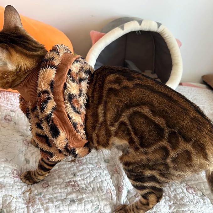 Cat Leopard Double-Sided Fleece Pullover, Soft Warm Clothes for Hairless Sphynx, Devon & All Indoor Kittens in Winter (Leopard,XL)