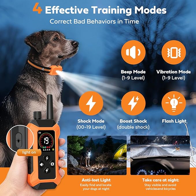 Shock Collar for Dogs (5–150Lbs) 4400FT IPX7 Waterproof Dog Training Collar with Remote Control 5 Training Modes Rechargeable Electric Dog Collar with Light, E collar for Puppy Small Medium Large Dogs
