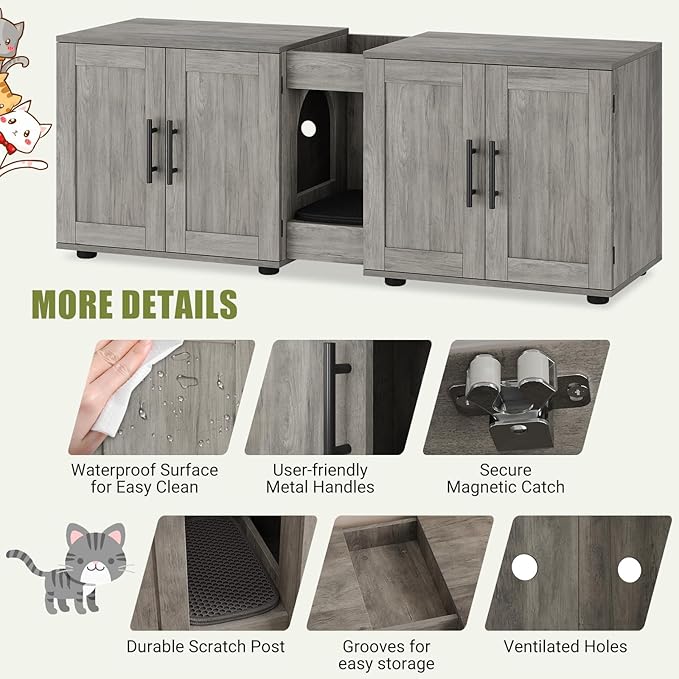 Garvee Cat Litter Box Enclosure for 2 Cats, 55" Hiddden Litter Box Enclosure Furniture 3-in-1 Wooden Litter Cabinet with Barn Door & Double Rooms for Bedroom Living Room, Gray