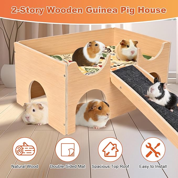 Wooden Guinea Pig Hideout, Multi-Cave Design Small Animal House, Guinea Pig Castle with Non-Slip Stairs and Double-Sided Mat
