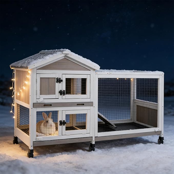 2-Story Rabbit Hutch Outdoor with Wheels, Weatherproof Indoor Bunny Cage with Anti-Chew Metal Frame Ramp, 3 Pull-Out No-Leak Trays, Waterproof Roof, Small Animals Cage