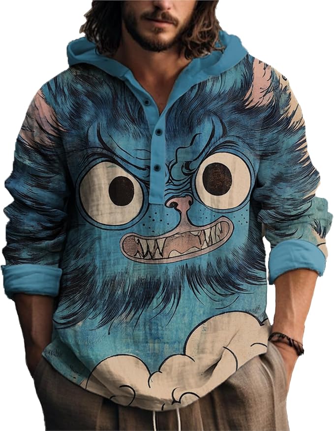 MARSVOVO Japanese Art Animal Hooded Shirt for Men Long Sleeve Quarter Button Lightweight Hoodie Cool Streetwear Tops