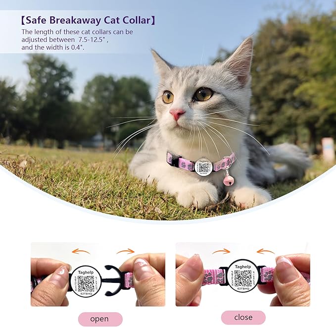 Peace of Mind Cat Collar 2-Pack: QR Code Tag with Permanent Online ID + Breakaway Reflective Collar, Scan for Immediate Contact if Lost (Pink & Black)
