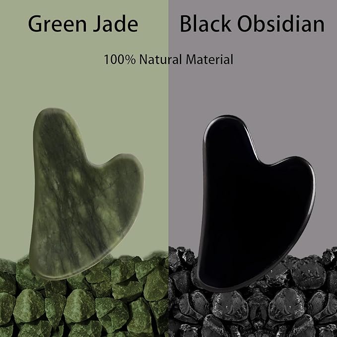 Gua Sha Facial Tools 2 Pack, Natural Jade Guasha Tool for Face,Double Chin & Jawline, Gua Sha Stone Self-Skin Care Face Stone Gua Sha tools for Women Guasha Stone, Black and Green