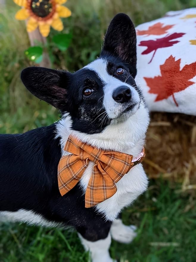 DOGWONG Cotton Dog Collar with Bowtie, Stylish Christmas Red Plaid Dog Collar Adjustable Puppy Necklace for Small and Medium Dogs