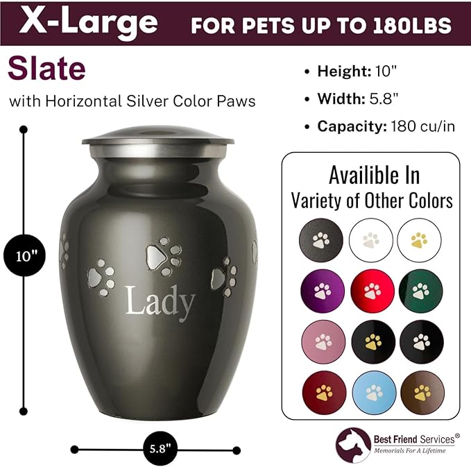 Pet Urn for Dogs and Cats with Personalized Laser Engraving, Ottillie Paws Premier Series Memorial Urns (X-Large Slate with Horizontal Pewter Paws)