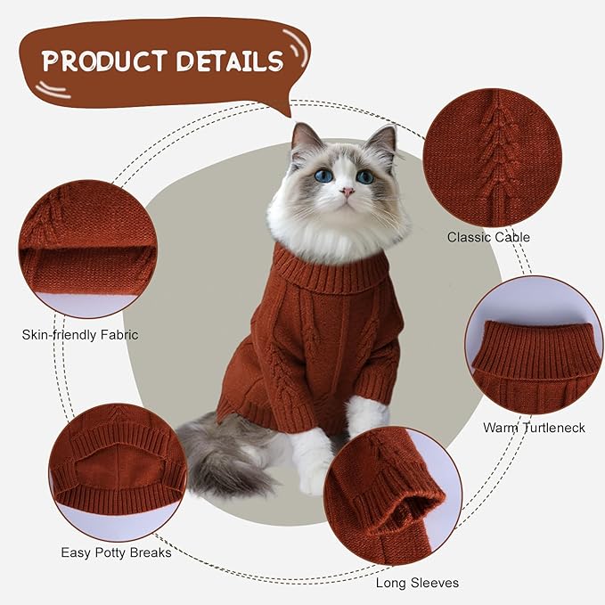 DELIFUR Long Sleeve Sweater - Knitted Turtleneck Knitwear Warm Coat With Classic Cable Fall Winter Clothes for Small Dogs (Brick Red, Large)