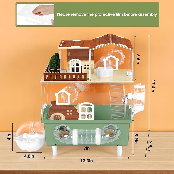 Acrylic Hamster Cage Chew Proof Hamster Habitat Large Hamster Enclosure, 13.3''* 9.8''* 17.4'' Clear Pet Mice House for Dwarf Syrian Small Hamsters, Green