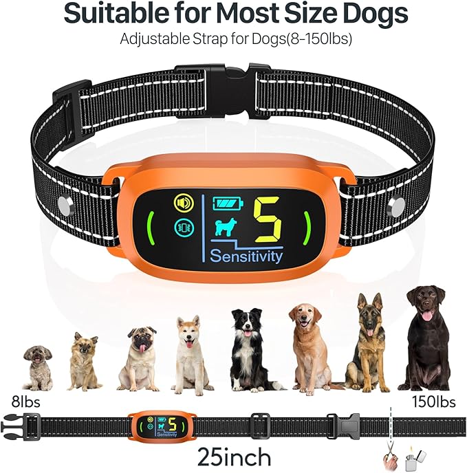 Dog Bark Collar for Large Medium Small Dogs, Rechargeable Smart Bark Collar, Anti Barking Training Collar with 5 Adjustable Sensitivity Beep Vibration (Orange)