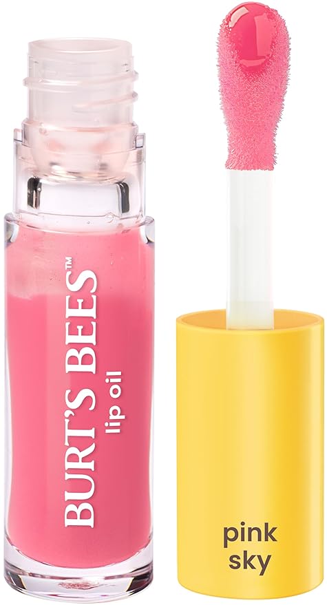 Burt's Bees Lip Oil Pink Sky, Instant Hydration, Nourishes and Softens Lips, Sheer Wash of Color, High Shine Finish, Responsibly Sourced Jojoba Oil, Non Sticky, Wand Applicator, 0.15 Ounce