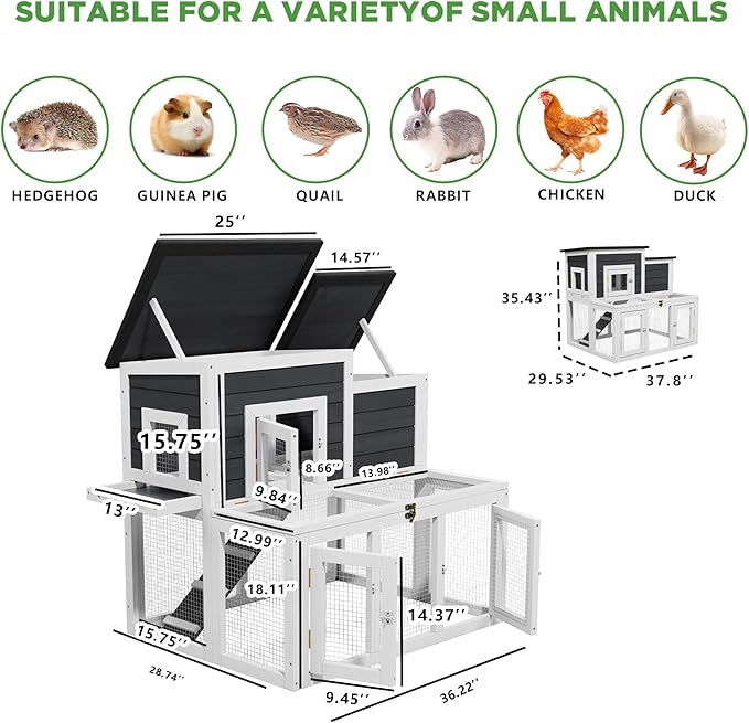 Small Chicken Coop for 2-4 Chickens,Wooden Chicken Run Duck Coop Poultry Cage with Openable Asphalt Roof, Pull-Out Tray for Chicken Rabbit Quail Indoor Outdoor(Grey)