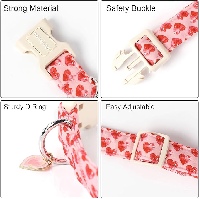 DOGWONG Valentine Dog Collar- Cute Pink Heart Dog Collars Adjustable Durable Designer Valentine’s Day Dog Collar for Small Medium Large Dogs L