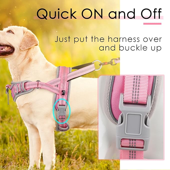 ADVENTUREMORE No Pull Large Dog Harness, Sport Dog Halter Harness Reflective Breathable Dog Vest Escape Proof Dog Harness with Easy Control Front Clip Handle for Training Walking XL Pink