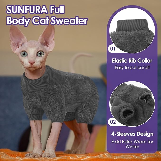 SUNFURA Sphynx Hairless Cat Sweater, Full Body Warm Fleece Sweaters with Sleeves for Cats, Soft Turtleneck Cat Clothes, Cozy Pullover Pajamas for Hairless Cats Devon, Donskoy & Small Dogs, Grey S