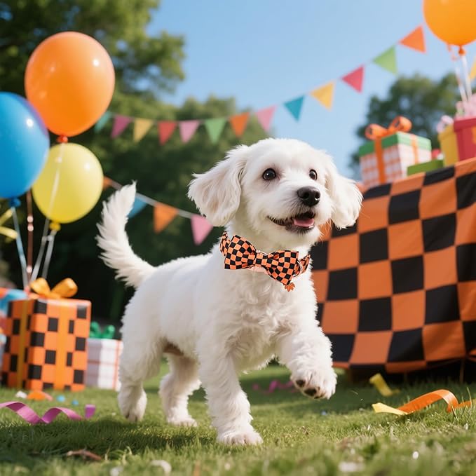 DOGWONG Orange Pink Plaid Dog Collar with Bow - Adjustable and Comfortable Autumn Dog Collar Fall Necklace for Large Medium Small Pet