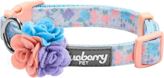 Blueberry Pet Dog Collar for Large Dogs, Lovely Floral Print in Lavender, Pink Girl Dog Collars, Adjustable Large Dog Collar with Detachable Flower, Stylish Dog Collars for Big Dogs