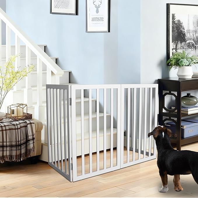ZJSF Freestanding Indoor Dog Gate for House Foldable Wood White Puppy Gate for Doorways Pet Gate for Stairs Extra Wide Pet Fence 32" Height 6 Panels