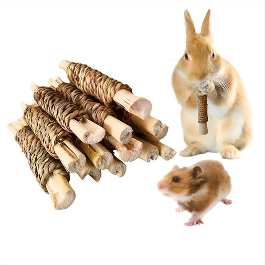 15pcs Rabbits Chew Toy,Natural Seagrass Sweet Bamboo Chew Stick for Small Animals,Bunny Cage Chew Toys and Treats for Guinea Pigs Chinchillas Hamsters Rats