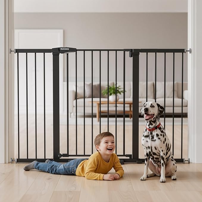 Mumeasy 29.7-57" Extra Wide Baby Gate, Auto Close Large Dog Gate for Doorways, No Drilling Pressure Mounted Pet Safety Gate for Stairs, Easy Walk Through Child Gate for Hallways, House, Indoor, Black