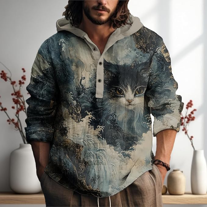 MARSVOVO Japanese Art Animal Hooded Shirt for Men Long Sleeve Quarter Button Lightweight Hoodie Cool Streetwear Tops