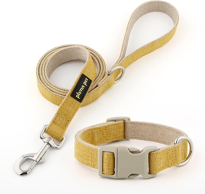 Plutus Pet Cotton Hemp Dog Collar and Leash Set, Adjustable Collar for Small, Medium, and Large Dogs, Heavy Duty and Soft on Skin, Yellow, L