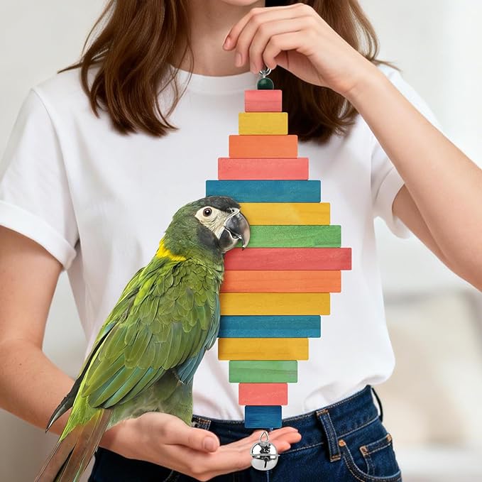2 Pcs Large Bird Toys, Colorful Natural Wood Block Parrot Chew Sticks Toy with Bell for Amazon, African Greys, Eclectus Parrots, Macaws Chewing Tearing