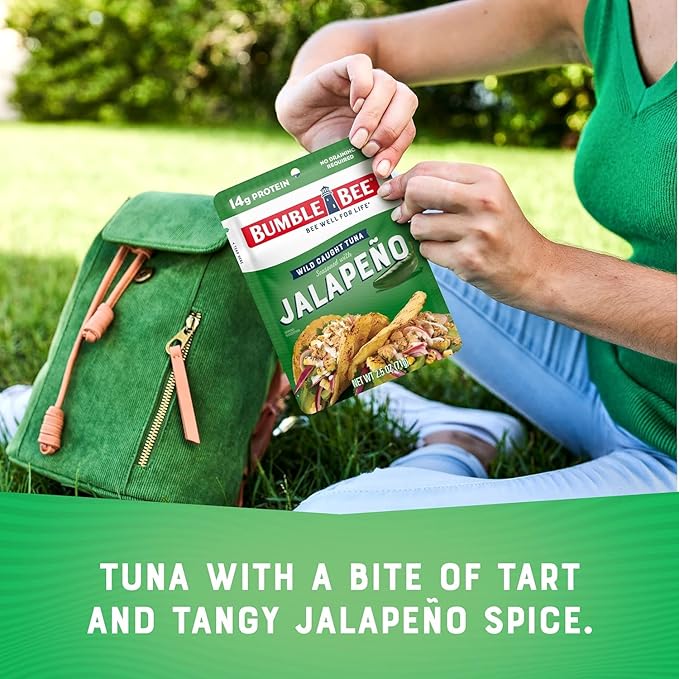 Bumble Bee Jalapeno Seasoned Tuna, 2.5 oz Pouch - Ready to Eat - Wild Caught Tuna Packet - 14g Protein per Serving - Gluten Free (Pack of 4)