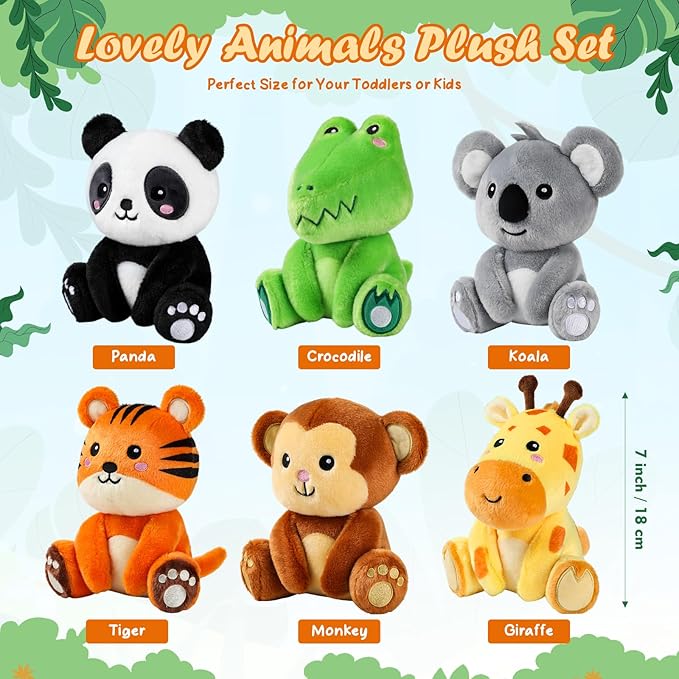 6 Pcs Small Stuffed Safari Animals Bulk, 7 Inch Jungle Animals Stuffed Toys, Plush Panda Crocodile Monkey Giraffe Tiger Elephant for Baby Shower Safari Jungle Themed Party Student Award