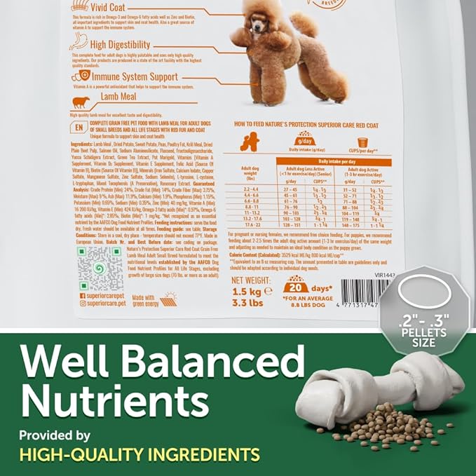 Nature's Protection Dry Dog Food for Small Breed - High Protein, Grain Free, Tear Stain Formula - Dog Kibble for Puppy & Adult Dogs with Red Fur (Superior Care - Lamb, 3.3 lb)