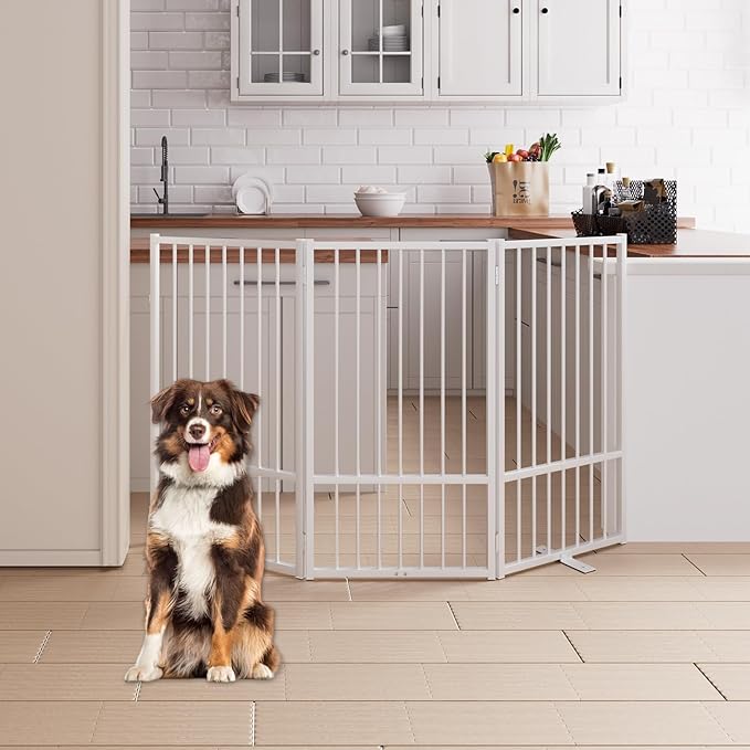 3 Panels Full Metal Freestanding Dog Gates, 60” W x 36” H Folding Pet Gate Fence with Support Feet for Indoor,Stairs, Hallways and Doorways(White)