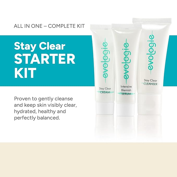 Evologie Stay Clear Acne Skin Care Kit & Face Skin Care Set – Complete Skin Care Routine with Cleanser, Serum & Hydrating Moisturizing Cream, Helps Reduce Acne, Pimples, Dark Spots & Blemishes