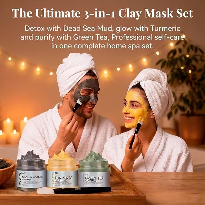 ANAI RUI 3 Pcs Face Mask Set - Turmeric Clay Mask - Green Tea Face Mask - Dead Sea Mud Mask for Oily Skin, Blackheads & Pores -Spa Gift Set Self Care for Women Teens(2.5 oz Each