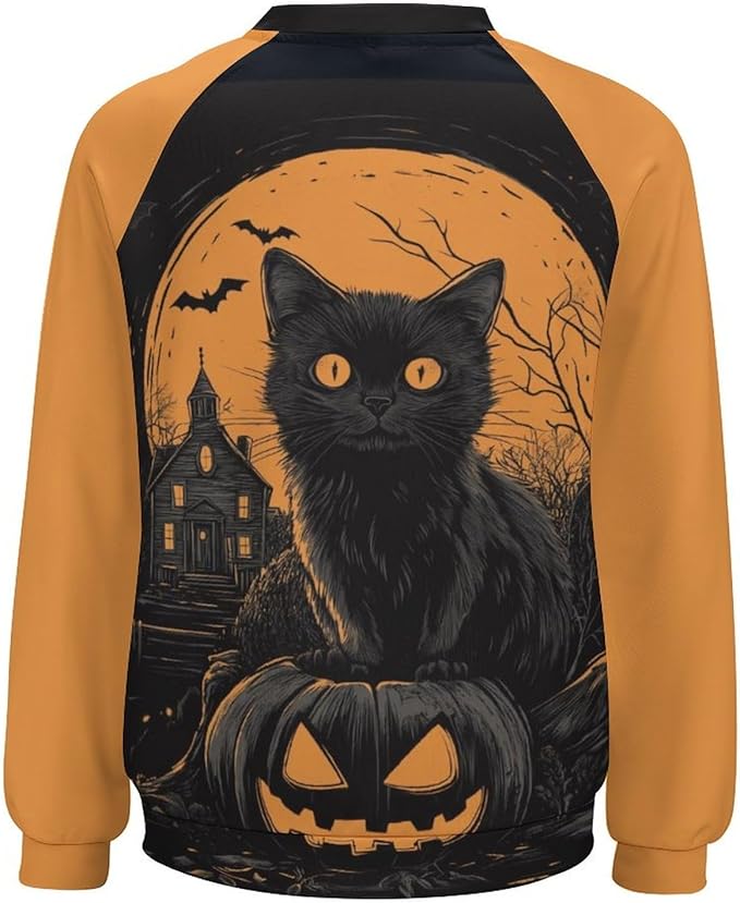 Halloween Sweatshirts for Women Black Cat Print Pullover Crewneck Oversized 2024 Fall Fashion Casual Warm Shirt