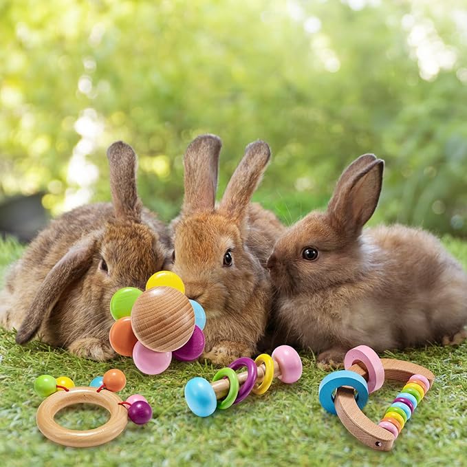4 Pcs Wooden Bunny Toys - Safe Rabbit & Guinea Pigs Teeth Grinding Toys for Chinchillas, Hamsters & Small Animals - Indoor & Outdoor