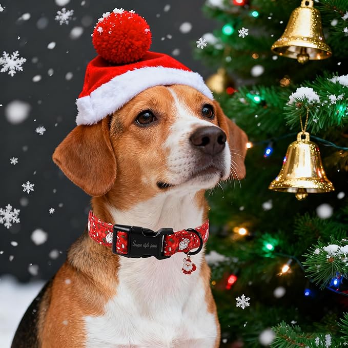 Unique Style Paws Christmas Dog Collar Plastic Buckle with Pendant Red Hat Christmas Man Cotton Puppy Collars for Small Medium Large Dogs