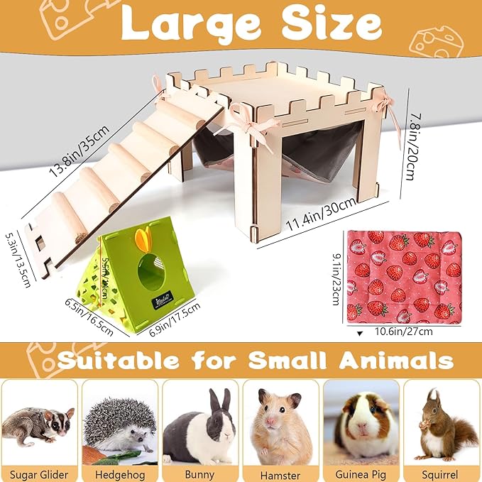 Guinea Pig Hideout with Hammock,Large Wooden Guinea Pigs House with Stairs and Mats,Detachable Guinea Pig Hide for Small Animals Hamster Chinchilla Ferret Habitats Accessories
