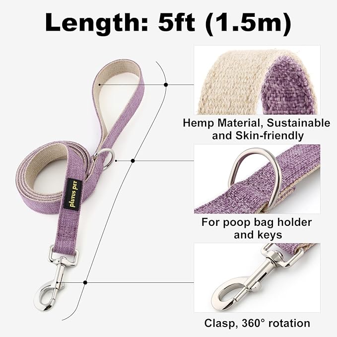 Plutus Pet Cotton Hemp Dog Collar and Leash Set, Adjustable Collar for Small, Medium, and Large Dogs, Heavy Duty and Soft on Skin, Lavender, M