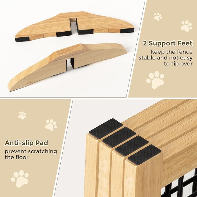 Wire Dog Gate Solid Wood Frame, Anti-Chewing, 4-Panel, 36" Height, 80" Width, Indoor Freestanding Pet Gate Foldable Wooden Dog Fences for Stairs, House, Doorway, Oak Color