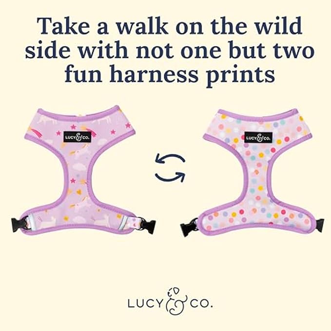 Lucy & Co. Cute Reversible Dog Harness Walking Halter - Best Designer Pet Harnesses for XS - XL Dogs - Padded Adjustable Vest for Easy Walking (Medium, Unicorn Magic - Purple & Pink Unicorns)